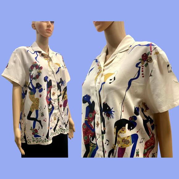 80s Rayon Shirt Colorful African Dancers Print | Women Short Sleeve | In Wear - Picture 1 of 10